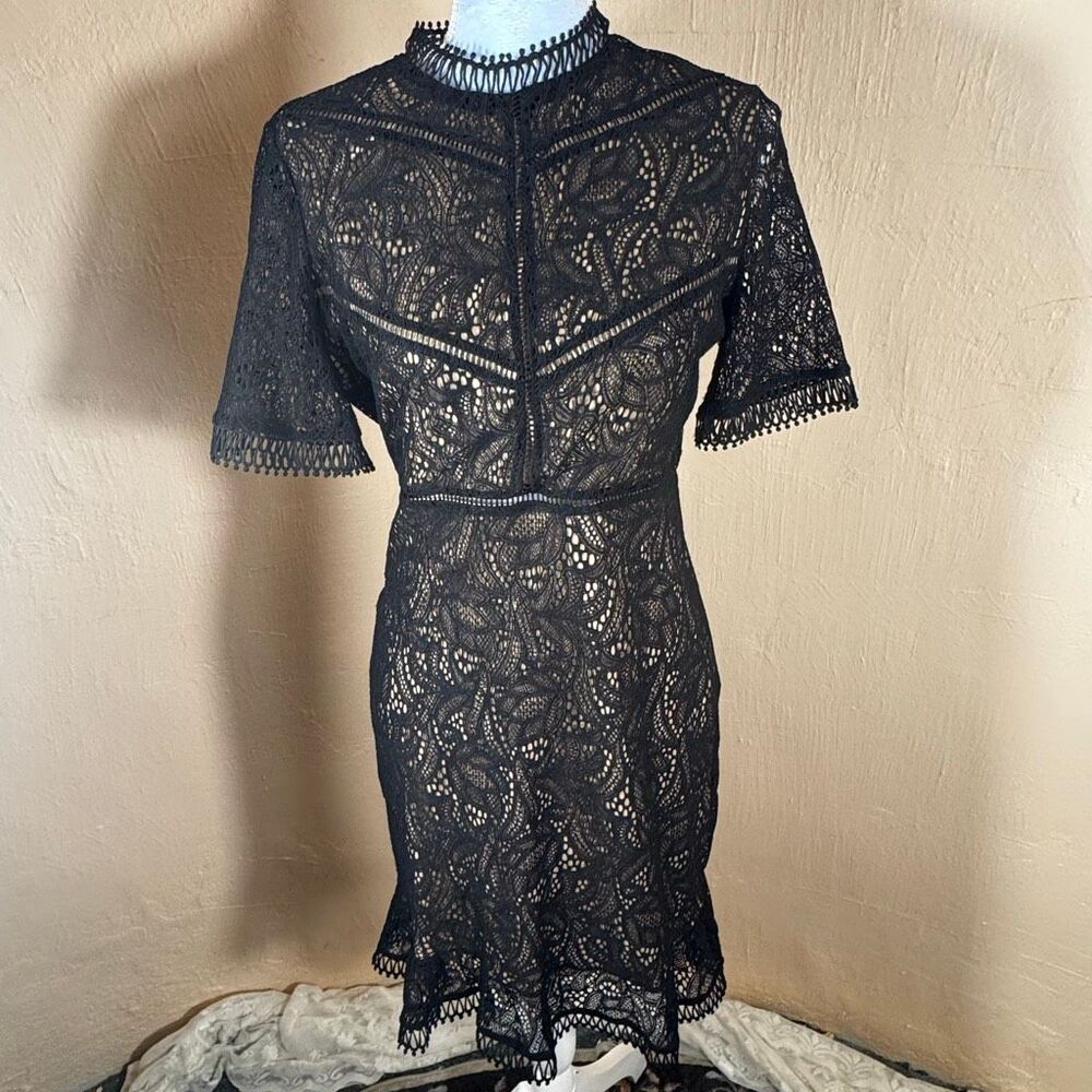 Bardot Black Lace Mock Neck Short Sleeve Mini Dress with Nude Lining | Size US 1